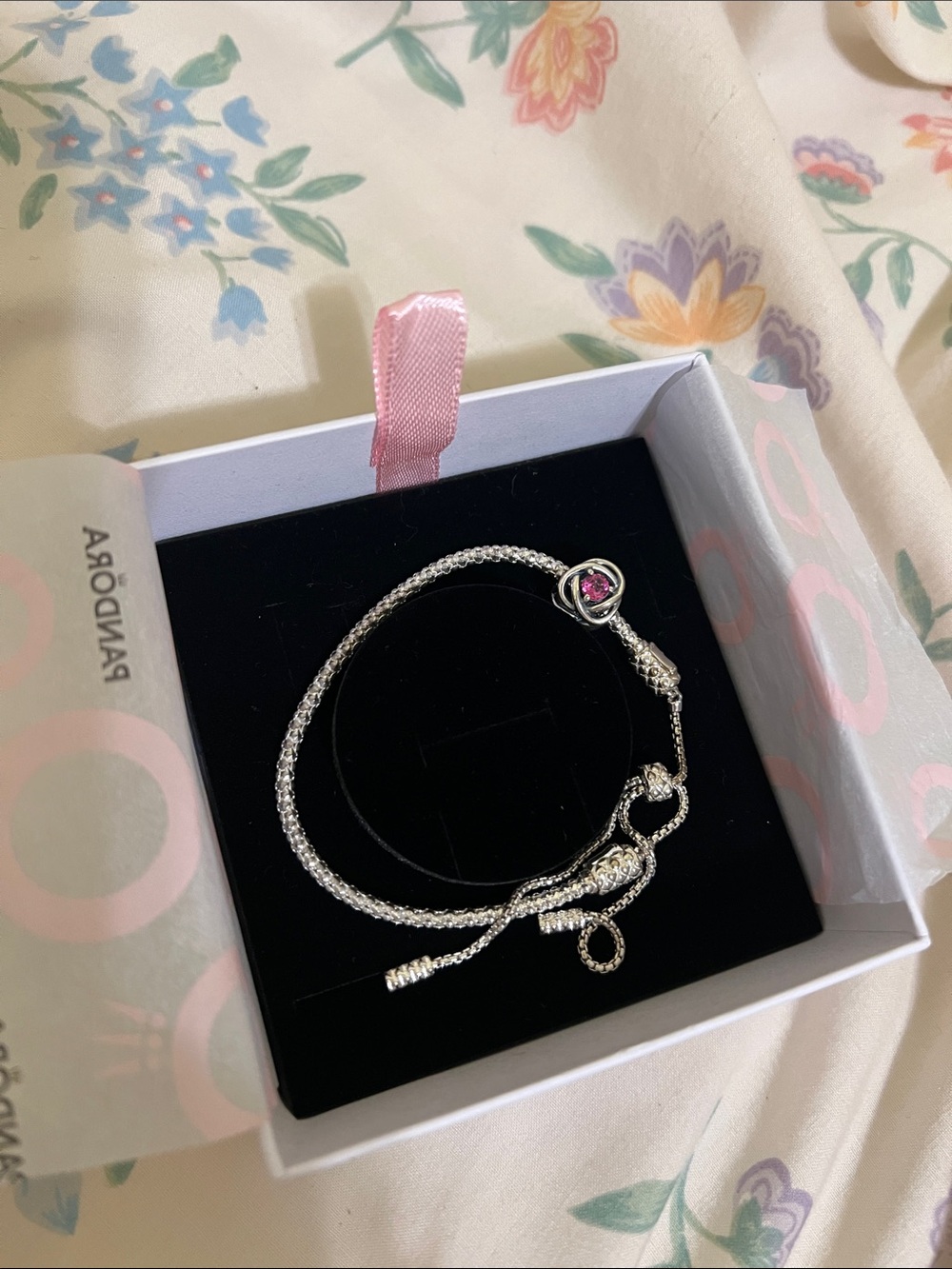 Pandora October Silver Bracelet with Pink Heart Accent